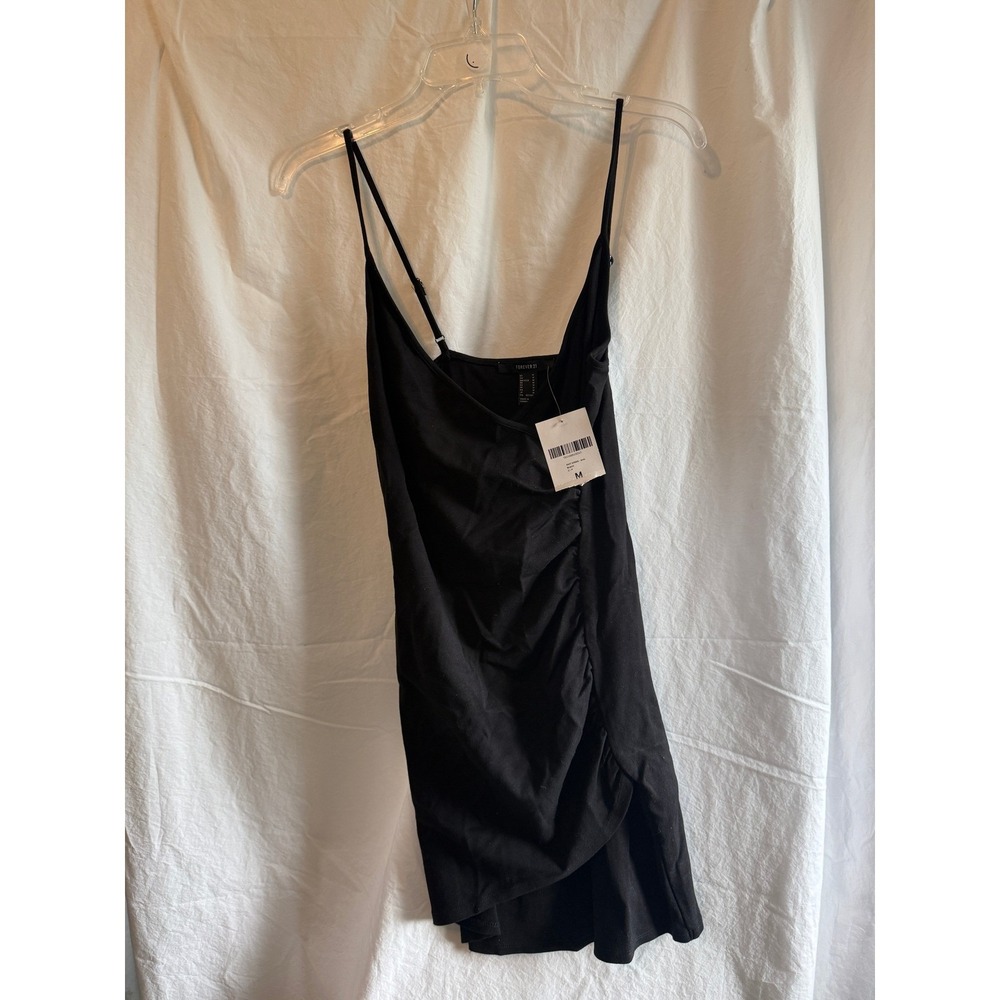 Forever 21 Black Ruched Mini Dress Adjustable Straps Wrap Hem Bodycon Medium NWT - Picture 2 of 4